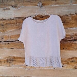 Spazio Chic Light Tan Dolman Sleeve Eyelet Hem Linen Tunic Size Small